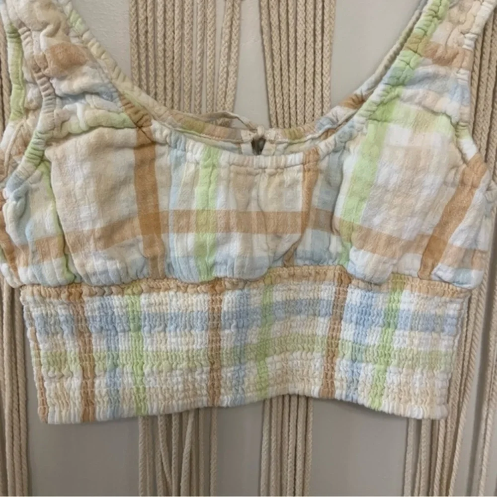 AMERICAN EAGLE Cotton Linen Plaid Smock And Roll‎ Tie Front Smocked Top Medium - Picture 7 of 10